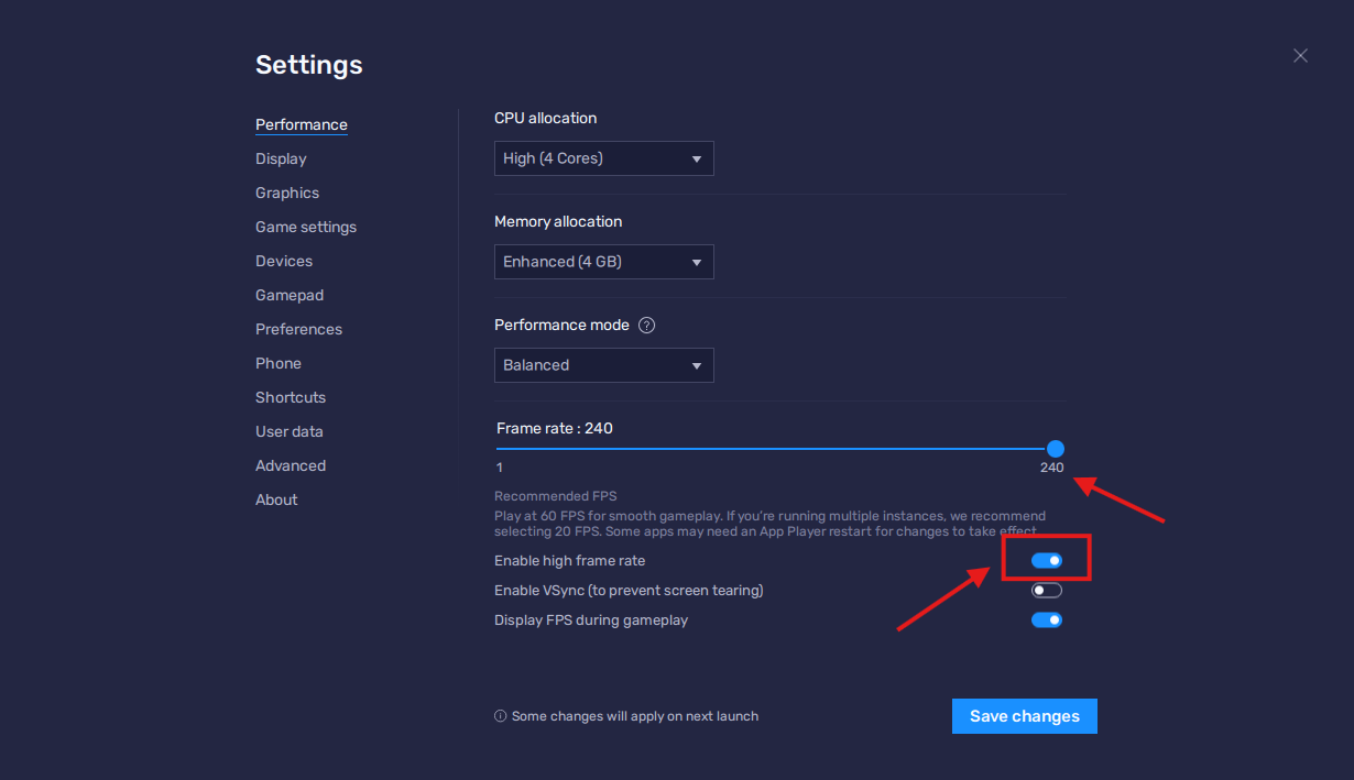 BlueStacks Performance settings — Frame rate 240
