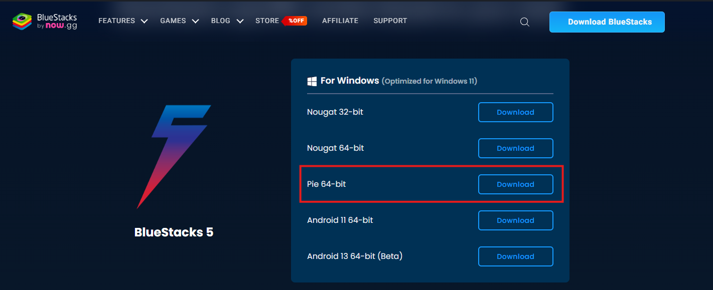 BlueStacks download page — Pie 64-bit