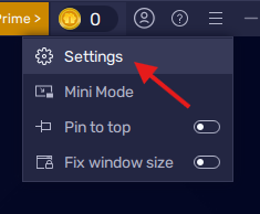 BlueStacks menu — open Settings
